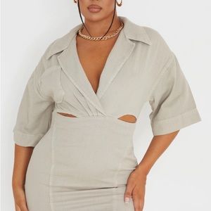 Prettylittlething stone cut out waist denim dress